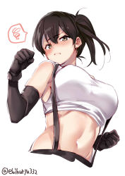 Rule 34 | 1girl, alternate costume, bare shoulders, blush, breasts, brown eyes, brown hair, cosplay, cropped torso, ebifurya, elbow gloves, final fantasy, final fantasy vii, from below, frown, gloves, hair between eyes, highres, kaga (kancolle), kantai collection, large breasts, long hair, looking at viewer, midriff, serious, shirt, side ponytail, skirt, solo, spoken squiggle, squiggle, suspender skirt, suspenders, tank top, taut clothes, taut shirt, tifa lockhart, tifa lockhart (cosplay), white background
