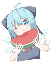 Rule 34 | 1girl, ahoge, blue bow, blue dress, blue eyes, blue hair, blue wings, bow, cirno, dress, eating, food, fruit, head tilt, highres, holding, holding food, ice, ice wings, kae karee, looking at viewer, medium hair, one eye closed, simple background, sleeveless, sleeveless dress, solo, touhou, upper body, watermelon, white background, wings