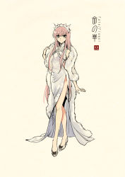Rule 34 | 1girl, arm at side, bare legs, bare shoulders, beige background, black bow, bow, china dress, chinese clothes, closed mouth, coat, crossed legs, dress, fate (series), footwear bow, full body, fur coat, grey eyes, high heels, highres, long dress, long hair, looking at viewer, medb (fate), pink hair, side slit, simple background, sleeveless, sleeveless dress, smile, solo, standing, tiara, very long hair, watson cross, white coat, white dress, white footwear, zerocastle