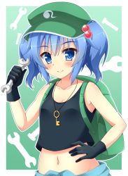 Rule 34 | 1girl, backpack, bag, bare shoulders, black gloves, blue eyes, blue hair, blush, breasts, collarbone, gloves, hair bobbles, hair ornament, hand on own hip, hand up, hat, highres, houkiboshi, kawashiro nitori, key, looking at viewer, matching hair/eyes, midriff, navel, small breasts, smile, solo, tank top, touhou, two side up, upper body, wrench