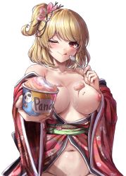 Rule 34 | 1girl, ;p, animal print, bare shoulders, bear print, blonde hair, blurry, blurry background, breasts, cleavage, collarbone, commentary, cowboy shot, dot nose, floral print, food, hair ornament, hand on own chest, highres, holding, holding spoon, ice cream, ice cream cup, japanese clothes, kimono, large breasts, looking at viewer, medium hair, navel, nipples, off shoulder, one eye closed, original, panda print, pinkmarine, red eyes, red kimono, shadow, side ponytail, simple background, sitting, solo, spoon, sweat, symbol-only commentary, tongue, tongue out, topless, white background