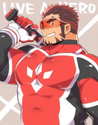 Rule 34 | 1boy, akashi (live a hero), bara, bodysuit, facial hair, gloves, gradient hair, kuro nezumi inu, large pectorals, live a hero, long sideburns, male focus, manly, multicolored hair, muscular, pectorals, red bodysuit, red eyes, red hair, short hair, sideburns, skin tight, solo, thick eyebrows, upper body