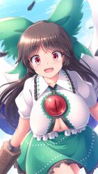 1girl :d absurdres black_feathers black_hair blush bow breasts brown_hair collared_shirt commentary_request feathered_wings feathers frilled_shirt frills from_above green_bow green_skirt hair_bow happy highres large_breasts leaning_forward long_hair looking_at_viewer looking_up lzh medium_skirt midriff midriff_peek no_bra open_mouth partially_unbuttoned partially_unzipped red_eyes reiuji_utsuho shirt short_sleeves skirt smile solo starry_sky_print third_eye touhou very_long_hair white_shirt wide-eyed wings