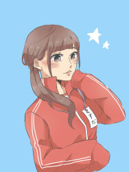 Rule 34 | 1girl, blue background, blunt bangs, blush, brown eyes, brown hair, character name, commentary request, highres, jacket, kashikaze, kusuda aina, long hair, long sleeves, low twintails, parted lips, real life, red jacket, sidelocks, simple background, sleeves past wrists, solo, track jacket, translated, twintails, upper body, voice actor