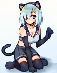 Rule 34 | 1girl, animal ears, animal hands, black gloves, black thighhighs, blue eyes, blue sailor collar, breasts, cat ears, cat tail, choker, cleavage, closed mouth, elbow gloves, fake animal ears, full body, gloves, gradient background, grey background, grey skirt, gyunre, hair ornament, hair over one eye, hamakaze (kancolle), highres, kantai collection, large breasts, paw gloves, paw shoes, pleated skirt, sailor collar, shadow, shoes, short hair, silver hair, simple background, sitting, skirt, sleeveless, solo, tail, thighhighs
