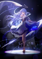 Rule 34 | 1girl, absurdres, bare shoulders, closed eyes, closed mouth, detached collar, detached sleeves, dress, earrings, english text, facing viewer, floating hair, full body, gloves, grey hair, halo, hand up, head wings, high heels, highres, honkai: star rail, honkai (series), jewelry, long hair, purple dress, purple footwear, robin (honkai: star rail), short sleeves, smile, solo, standing, two-tone dress, very long hair, white dress, white gloves, white wings, wings, yolanda