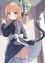 Rule 34 | 1girl, animal ear headphones, animal ears, apron, ass, azel (laevateinn495), black dress, blonde hair, blue archive, blue bow, bow, cat tail, closed mouth, dress, fake animal ears, frilled apron, frills, green eyes, green halo, hair bow, halo, headphones, highres, indoors, long sleeves, looking at viewer, looking back, maid, midori (blue archive), midori (maid) (blue archive), official alternate costume, short hair, smile, solo, tail, thighhighs, white apron, white thighhighs