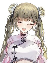 Rule 34 | 1girl, arm cutout, black ribbon, blunt bangs, breasts, brown hair, chinese clothes, cleavage, crop top, double bun, facing viewer, frilled shirt, frills, hair bun, hair ribbon, hanabusa lisa, large breasts, long hair, midriff, nago purin, open mouth, pink shirt, ribbon, see-through, see-through cleavage, shirt, shrug (clothing), simple background, smile, solo, teeth, twintails, upper body, upper teeth only, very long hair, virtual youtuber, vspo!, white background, white shirt