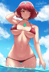Rule 34 | 1girl, adjusting hair, amile, bikini, breasts, cleavage, cslucaris, large breasts, looking to the side, partially submerged, pyra (xenoblade), red eyes, red hair, smile, solo, swept bangs, swimsuit, underboob