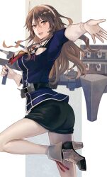 Rule 34 | 1girl, adapted turret, ashigara (kancolle), ashigara kai ni (kancolle), blush, breasts, brown eyes, brown hair, cannon, fake horns, gloves, hair between eyes, hairband, holding, holding turret, horned headwear, horns, jacket, kantai collection, kasumi (skchkko), large breasts, long hair, looking at viewer, machinery, military uniform, multicolored neckerchief, neckerchief, open mouth, pantyhose, pencil skirt, print neckerchief, purple jacket, skirt, smile, solo, standing, standing on one leg, turret, uniform, wavy hair, white background, white gloves, white hairband, white pantyhose