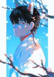 Rule 34 | 1boy, animal ears, black hair, blue sky, cherry blossoms, closed mouth, expressionless, from side, hair between eyes, highres, iyanhoho, japanese clothes, looking at viewer, male focus, original, red eyes, short hair, signature, sky, slit pupils, solo, tree, upper body