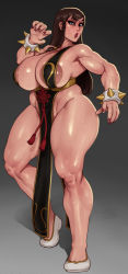 Rule 34 | 1girl, alternate costume, alternate hairstyle, areola slip, breasts, brown hair, capcom, chun-li, curvy, eyeshadow, huge breasts, large areolae, lips, lipstick, makeup, plump, rampage (leedash2), red lips, shiny skin, sideboob, solo, street fighter, sweat, thick thighs, thighs, tight shoes, wide hips