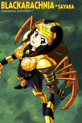 Rule 34 | 1girl, :d, armor, arthropod girl, arthropod limbs, artist name, beast wars, black eyes, blackarachnia, blackarachnia (cosplay), breastplate, breasts, brown hair, character name, claws, cosplay, covered erect nipples, extra arms, from above, grass, greaves, helmet, high heels, insect girl, jilpoong17, large breasts, long hair, looking at viewer, looking up, mazinger (series), mazinger z, mecha, mecha musume, monster girl, open mouth, outdoors, robot, shoes, sidelocks, smile, solo, spider girl, standing, transformers, yumi sayaka