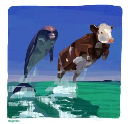 animal animal_focus blue_sky border commentary cow dolphin english_commentary full_body horizon jumping meme no_humans no_lineart ocean original outdoors sky spouons surreal twitter_username water white_border