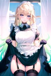 Rule 34 | 1girl, absurdres, aizawa ema, alternate costume, apron, black choker, black dress, black thighhighs, blonde hair, choker, clothes lift, cowboy shot, dress, dress lift, earrings, enmaided, frilled apron, frills, garter straps, gradient hair, grin, hair ornament, hairclip, highres, jewelry, lifted by self, long hair, looking at viewer, maid, maid apron, maid headdress, multicolored hair, short sleeves, side-tie peek, skindentation, smile, solo, standing, sugiki, thighhighs, thighs, very long hair, virtual youtuber, vspo!, wing collar