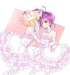 Rule 34 | 2girls, bare shoulders, blonde hair, blush, bow, choker, cone hair bun, detached collar, double bun, dress, elbow gloves, frilled dress, frills, gloves, hair bow, hair bun, hand on another&#039;s face, head wings, holding hands, kanjyu0919, long hair, minami mirei, multiple girls, open mouth, pink dress, pretty series, pripara, purple hair, side ponytail, smile, strapless, strapless dress, tears, toudou shion, wings, yellow eyes, yuri