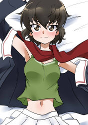 Rule 34 | 1girl, absurdres, arm up, bed sheet, blue jacket, brown eyes, brown hair, caesar (girls und panzer), closed mouth, commentary, from above, girls und panzer, green tank top, highres, jacket, long sleeves, looking at viewer, lying, midriff peek, military uniform, navel, off shoulder, on back, on bed, ooarai military uniform, open clothes, open jacket, pleated skirt, red scarf, scarf, shirt, short hair, skirt, smile, solo, tank top, uniform, wakku kan, white skirt
