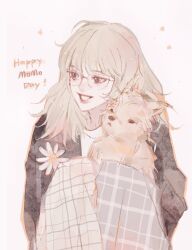 Rule 34 | 1girl, animal, animification, black cardigan, black eyes, blonde hair, brown eyes, cardigan, dog, flower, glasses, grey pants, happy birthday, highres, holding, holding animal, holding dog, long hair, momo (twice), pants, parted lips, pink background, plaid, plaid pants, qiao nan 1028 hao, real life, shirt, sitting, smile, solo, star (symbol), t-shirt, twice (group), two-tone pants, white flower, white shirt, yellow pants