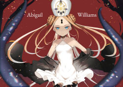 Rule 34 | 1girl, abigail williams (fate), abigail williams (swimsuit foreigner) (fate), abigail williams (swimsuit foreigner) (second ascension) (fate), absurdres, banno watari, black jacket, blonde hair, blue eyes, braid, braided bun, character name, closed mouth, commentary, double bun, fate/grand order, fate (series), hair bun, hat, highres, jacket, keyhole, long hair, long sleeves, mitre, one-piece swimsuit, parted bangs, puffy long sleeves, puffy sleeves, red background, removing jacket, swimsuit, tentacles, twintails, very long hair, white hat, white swimsuit