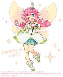 Rule 34 | &gt; &lt;, 1girl, blue eyes, detached sleeves, dragalia lost, dress, fairy, fairy wings, fang, feather hair ornament, feathers, full body, hair ornament, highres, long hair, low twintails, notte (dragalia lost), official art, one eye closed, open mouth, pink hair, smile, twintails, wavy hair, white dress, white footwear, wings