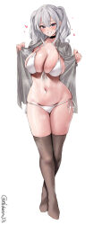 Rule 34 | 1girl, bikini, black choker, blue eyes, blush, breasts, choker, cleavage, collarbone, collared shirt, commentary, dress shirt, ebifurya, front-tie bikini top, front-tie top, full body, gluteal fold, grey hair, grey shirt, grin, hair between eyes, hands up, heart, heart-shaped pupils, highres, kantai collection, kashima (kancolle), large breasts, long hair, looking at viewer, navel, no shoes, open clothes, open shirt, shirt, side-tie bikini bottom, sidelocks, simple background, skindentation, smile, solo, steaming body, strap gap, string bikini, sweat, swimsuit, symbol-shaped pupils, thigh gap, thighhighs, thighs, twintails, twitter username, white background, white bikini