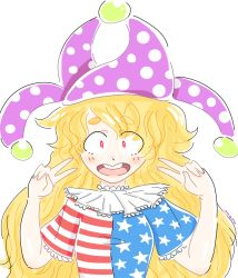 Rule 34 | 1girl, american flag dress, american flag shirt, blonde hair, clownpiece, dotmaru, female focus, hat, jester cap, long hair, neck ruff, open mouth, red eyes, short eyebrows, solo, thick eyebrows, touhou, upper body, v, white background