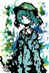 Rule 34 | 1girl, f7(eiki), green hat, green jacket, green skirt, hair bobbles, hair ornament, hat, jacket, kawashiro nitori, long sleeves, looking at viewer, pocket, simple background, skirt, solo, touhou, two side up, white background