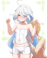 Rule 34 | 1boy, 1girl, ?, ??, aether (genshin impact), ahoge, bare arms, bare shoulders, blue eyes, blue hair, blush, breasts, cleavage, collarbone, colored inner hair, commentary, cowboy shot, english commentary, furina (genshin impact), genshin impact, grin, groin, highres, long hair, looking at viewer, midriff, mockingeu, multicolored hair, no headwear, short shorts, shorts, small breasts, smile, standing, strapless, topless male, tube top, very long hair, white background, white hair, white shorts