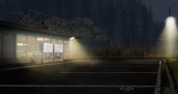 Rule 34 | blue sky, choc0 (oda0208), commentary request, forest, grass, highres, lamppost, light, mountain, nature, night, no humans, original, outdoors, parking lot, scenery, shop, sky, trash can, vending machine