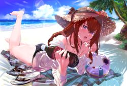 Rule 34 | 1girl, ass, bare legs, barefoot, beach, beach towel, bikini, black bikini, bow, collared shirt, day, dr pepper, flower, full body, gotthelife, hair between eyes, hat, hat bow, hat flower, highres, lens flare, long hair, long sleeves, looking at viewer, makise kurisu, ocean, off shoulder, open mouth, outdoors, paguo, palm tree, purple eyes, red hair, revision, sandals, unworn sandals, shade, shirt, soda bottle, solo, steins;gate, straight hair, straw hat, stuffed toy, sunlight, swimsuit, towel, tree, upa (steins;gate), white shirt