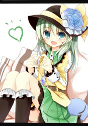 Rule 34 | 1girl, blue eyes, blush, eyeball, fang, female focus, flower, green hair, hat, heart, heart hands, jewelry, komeiji koishi, letterboxed, looking at viewer, necklace, open mouth, short hair, silver hair, sitting, skirt, smile, solo, third eye, touhou, wide sleeves, yuuhagi (amaretto-no-natsu)