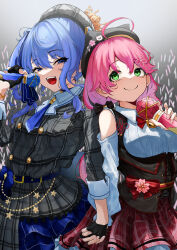 2girls absurdres ahoge ascot bead_bracelet beads beret black_gloves black_hat blue_ascot blue_choker blue_eyes blue_hair blue_nails blue_ribbon bodice bracelet breasts buttons choker clothing_cutout collared_shirt concert crown double-breasted double-parted_bangs flower frilled_skirt frills gloves glowstick green_eyes grey_hat grey_jacket grey_skirt hair_between_eyes hair_flower hair_ornament hair_ribbon hairclip half-closed_eyes hand_up hat highres holding holding_hands holding_microphone hololive hoshimachi_suisei hoshimachi_suisei_(1st_costume) idol interlocked_fingers jacket jewelry large_breasts long_hair long_sleeves looking_at_another low_twintails microphone mini_crown multiple_girls music nail_polish noname_(user_wkpu7848) official_alternate_costume open_mouth partially_fingerless_gloves penlight_(glowstick) pink_hair plaid_clothes plaid_hat plaid_jacket plaid_skirt pleated_skirt red_skirt ribbon sakura_miko sakura_miko_(casual) shadow shirt shoulder_cutout side_ponytail sidelocks singing skirt skirt_set sleeve_cuffs sleeves_past_elbows small_breasts smile stage star_(symbol) star_in_eye symbol_in_eye teeth tilted_headwear tongue twintails upper_teeth_only virtual_youtuber white_shirt