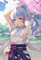 Rule 34 | 1girl, absurdres, arms up, ayaka (genshin impact), blue eyes, blunt bangs, blush, calder (pixiv3698273), cherry blossoms, falling petals, genshin impact, grey hair, hair ribbon, hair tie in mouth, highres, japanese clothes, long hair, looking at viewer, mouth hold, obijime, outdoors, petals, ponytail, ribbon, short sleeves, skirt, solo, sweat, tress ribbon, tying hair, upper body, wide sleeves