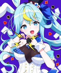 Rule 34 | 1girl, absurdres, animal ears, black bow, black bowtie, black hat, blonde hair, blue bow, blue bowtie, blue hair, bow, bowtie, breasts, card, club (shape), diamond (shape), dice, fangs, hat, heart, heart hands, highres, kaminari clara, leotard, lightning bolt symbol, long hair, multicolored hair, open mouth, phase connect, phase connect jp, playboy bunny, playing card, rabbit ears, solo, spade (shape), streaked hair, top hat, twitter username, two-tone bowtie, umirunie, upper body, virtual youtuber, white leotard, white wrist cuffs, wrist cuffs