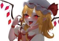 Rule 34 | 1girl, :d, blonde hair, blush, chocolate, crystal, eyeball, fangs, flandre scarlet, glowing, glowing eyes, hair between eyes, hat, highres, holding eyeball, looking at viewer, medium hair, mob cap, nail polish, open mouth, pointy ears, red eyes, red nails, saliva, simple background, smile, solo, tongue, tongue out, touhou, upper body, user uztw4784, vampire, white background, wings