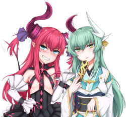 Rule 34 | 10s, 2girls, angry, aqua eyes, areola slip, commentary request, curled horns, dragon horns, elizabeth bathory (fate), elizabeth bathory (fate/extra ccc), elizabeth bathory (first ascension) (fate), fate/extra, fate/extra ccc, fate/grand order, fate (series), folding fan, green hair, hand fan, hand on own hip, holding, holding fan, horns, kiyohime (fate), long hair, long sleeves, looking at viewer, multiple girls, otinyanko, pink hair, pointy ears, revealing clothes, tail, upper body, white background, wide sleeves, yellow eyes