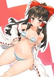 Rule 34 | 1girl, bare shoulders, bikini, black hair, blush, bow, breasts, brown eyes, collarbone, detached sleeves, feet out of frame, frilled bow, frills, hair bow, hair tubes, hakurei reimu, hand on own hip, long hair, looking at viewer, medium breasts, navel, polpol, red bow, ribbon-trimmed sleeves, ribbon trim, sidelocks, solo, standing, striped bikini, striped clothes, sweat, swimsuit, thighs, touhou, wide sleeves