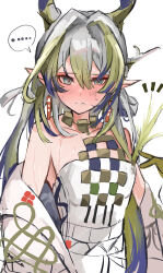 Rule 34 | ..., 1girl, absurdres, aqua eyes, arknights, bare shoulders, blush, earrings, eyeliner, flat chest, green hair, grey hair, highres, horns, jewelry, long hair, makeup, multicolored hair, necklace, pointy ears, shu (arknights), simple background, solo, spoken ellipsis, sunaneko, sweat, two-tone hair, white background