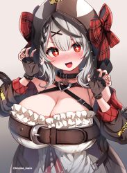 Rule 34 | + +, 1girl, :d, belt, blush, breasts, claw pose, cleavage, fang, female focus, fingerless gloves, frills, gloves, grey background, hololive, holox, hood, large breasts, long hair, looking at viewer, marota, nail polish, nose blush, open mouth, red eyes, sakamata chloe, sakamata chloe (1st costume), silver hair, simple background, smile, solo, upper body, virtual youtuber