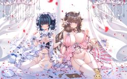 Rule 34 | &gt; &lt;, 2girls, ;3, alternate costume, animal ears, aqua eyes, aqua hair, azur lane, bare shoulders, blue gemstone, breasts, brown hair, bug, butterfly, cat ears, center opening, cheshire (azur lane), collar, covered erect nipples, cow ears, cow horns, fake animal ears, flower, frilled collar, frilled hairband, frills, garter belt, garter straps, gem, hair flower, hair ornament, hairband, highres, horns, huge breasts, insect, kashino (azur lane), large breasts, lingerie, long hair, looking at viewer, manjuu (azur lane), meowfficer (azur lane), multicolored hair, multiple girls, nail polish, nightgown, on bed, one eye closed, panties, petals, pillow, pink nightgown, pulling own clothes, purple eyes, purple hair, see-through, skindentation, thighhighs, two-tone hair, underwear, white butterfly, white legwear, white nightgown, white panties, wrist cuffs, yozora (33968397)