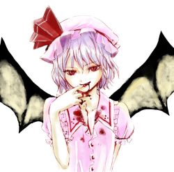 Rule 34 | 1girl, bat wings, blood, blood from mouth, collar, evil smile, female focus, finger to mouth, frills, head tilt, looking at viewer, puffy short sleeves, puffy sleeves, red eyes, remilia scarlet, shippori, shishou, short sleeves, simple background, smile, solo, tasting, touhou, vampire, white background, wings