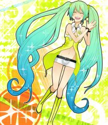 Rule 34 | 1girl, aqua hair, blush, hatsune miku, headset, long hair, midriff, navel, open mouth, project diva (series), project diva 2nd, shorts, smile, solo, sparkle, tomakoma, twintails, very long hair, vocaloid, yellow (vocaloid)