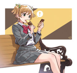 Rule 34 | !, 1girl, bench, blush, bow, bowtie, brown background, buttons, cellphone, collared shirt, commentary request, daiba nana, dress shirt, eating, feet out of frame, fingernails, food, green eyes, green ribbon, grey jacket, grey skirt, hair ribbon, hands up, holding, holding food, holding phone, ito fumi, jacket, light brown hair, long sleeves, looking at phone, miniskirt, multicolored background, open clothes, open jacket, open mouth, park bench, phone, pleated skirt, popsicle, rectangle, red bow, red bowtie, ribbon, school uniform, seishou music academy uniform, shadow, shirt, shirt tucked in, short hair, short twintails, shoujo kageki revue starlight, sitting, skirt, smartphone, solo, speech bubble, spoken exclamation mark, teeth, twintails, upper teeth only, white background, white shirt, yellow background