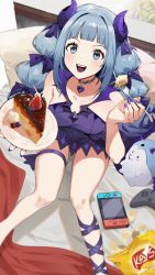 Rule 34 | 1girl, absurdres, akuru (virtual youtuber), bag of chips, bare shoulders, bed sheet, berry, blue bow, blue dress, blue eyes, blue hair, blue nails, blueberry, blush, bow, cake, cake slice, chips (food), commentary, controller, dress, fang, food, from above, fruit, game controller, hair bow, heart, heart necklace, highres, holding, holding plate, holding up, holding utensil, horns, indie virtual youtuber, jewelry, kawa683, leg ribbon, long hair, looking at viewer, multiple hair bows, nail polish, necklace, nintendo switch, on bed, open mouth, pillow, plate, ribbon, short dress, sitting, sleeveless, sleeveless dress, smile, solo, spiral horn, strawberry, stuffed toy, teeth, thigh strap, twintails, virtual youtuber, whipped cream