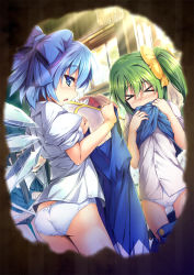 Rule 34 | &gt; &lt;, 5girls, :o, ass, asymmetrical hair, black panties, blue bow, blue dress, blue eyes, blue hair, blue skirt, blush, bow, butt crack, buttons, chima q, cirno, closed eyes, clothes pull, daiyousei, day, detached wings, dress, dress shirt, embarrassed, fairy wings, green hair, hair bow, hair ribbon, highres, hole, hole in wall, ice, ice wings, indoors, large bow, light rays, looking at viewer, luna child, multiple girls, nose blush, open mouth, panties, peeking, pinafore dress, pov, profile, puffy short sleeves, puffy sleeves, ribbon, shirt, short hair, short sleeves, side ponytail, sideways mouth, skirt, skirt pull, sleeveless, sleeveless dress, star sapphire, sunbeam, sunlight, sunny milk, thigh gap, thighs, touhou, transparent wings, underwear, undressing, unworn dress, white panties, white shirt, window, wings, yellow bow, yellow ribbon