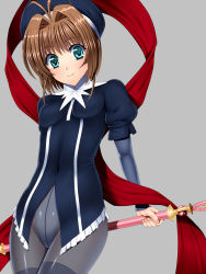 Rule 34 | 1girl, antenna hair, bad id, bad pixiv id, black jacket, blue eyes, breasts, brown hair, cardcaptor sakura, caren hortensia, caren hortensia (cosplay), closed mouth, cosplay, covered navel, cowboy shot, fate/hollow ataraxia, fate (series), grey background, grey leotard, grey pantyhose, hair intakes, head tilt, highleg, highleg leotard, highres, holding, holding staff, jacket, kinomoto sakura, leotard, long sleeves, looking at viewer, pantyhose, sen (sansui), shiny clothes, shiny legwear, short hair, short sleeves, simple background, small breasts, smile, solo, staff, standing
