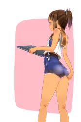Rule 34 | 10s, 1girl, adjusting clothes, adjusting swimsuit, ass, book, brown eyes, brown hair, highres, i-401 (kancolle), kantai collection, one-piece swimsuit, ponytail, sailor collar, school swimsuit, short hair, solo, swimsuit, uno ryoku