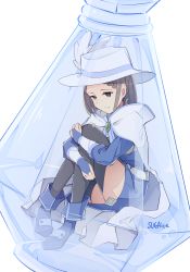 Rule 34 | 1girl, black thighhighs, blue footwear, blue jacket, blue skirt, boots, braid, bridal gauntlets, brown eyes, brown hair, cloak, closed mouth, feathers, frown, hat, hat feather, highres, hugging own legs, ice delicious, jacket, long sleeves, looking down, miniskirt, short hair, simple background, single braid, sitting, skirt, solo, sword art online, thighhighs, white background, white cloak, white feathers, white hat, yuna (sao)