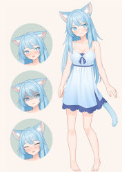 Rule 34 | 1girl, :d, absurdres, animal ear fluff, animal ears, barefoot, blue dress, blue eyes, blue hair, breasts, cat ears, cat girl, cat tail, dress, ears down, embarrassed, expressions, frown, full body, highres, large breasts, long hair, mao lian (nekokao), open mouth, original, shaded face, short dress, simple background, sleeveless, sleeveless dress, smile, standing, tail