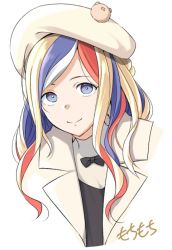 Rule 34 | 1girl, artist name, beret, blonde hair, blue hair, collar, commandant teste (kancolle), commentary request, hat, kantai collection, long hair, looking at viewer, moti coi, multicolored hair, one-hour drawing challenge, red hair, simple background, smile, solo, streaked hair, upper body, wavy hair, white background, white hair, white hat